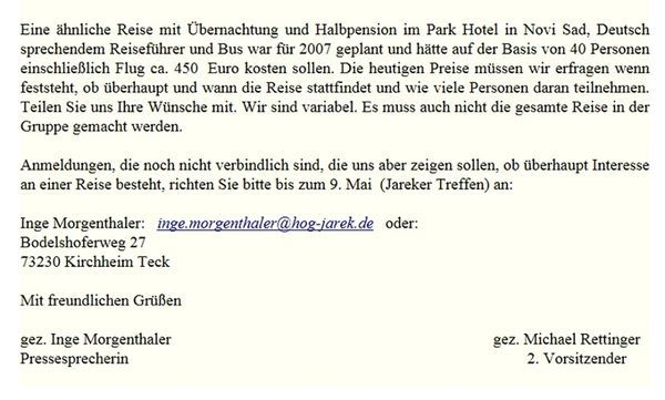 Verschiebung der Jarek - Reise von Sept. 2009 auf Juni 2010.